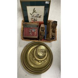Wicker basket containing books and a print, together with three block planes, amber blown glass and brass hanging lantern and a collection of nautical themed brass plates