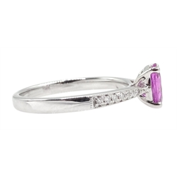 18ct white gold oval pink sapphire ring, with diamond set shoulders, hallmarked, sapphire approx 0.90 carat