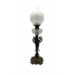 Victorian cast iron oil lamp with faceted glass reservoir, etched glass shade, tri-form scroll stem and pierced base H83cm overall 