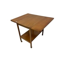 Mid-20th century teak drop-leaf two-tier drinks trolley, rectangular top, on square supports with castors