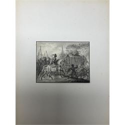 Haatje Pieters Oosterhuis (Dutch 1784-1854): Original Designs for Book Illustrations, set fourteen watercolours each signed, some dated 1825, 12.5cm x 7.8cm (14)
Notes: illustrations depicting primarily medieval war scenes and Roman Centurions, one frontispiece depicts a naval battle. Many of Oosterhuis' illustrations were created for kinderboeken (children's books), and his works can be found in Dutch museums such as the Rijks. 
