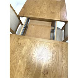 Contemporary light oak extending dining table, with one additional leaf (W90cm, L140cm H75cm) together with a set of four matching light oak dining chairs, upholstered in natural linen fabric, (W47cm)
