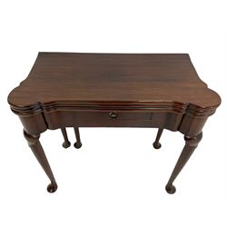 George III mahogany card or tea table, triple fold-over top revealing baize lined card table with sunken counter wells and mahogany tea table, shaped front with frieze drawer, single gate-leg action base, on cabriole supports