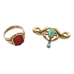 Victorian 9ct rose gold carnelian shield ring, hallmarked and an early 20th century gold turquoise brooch by Henry Matthews, hallmarked (2)
