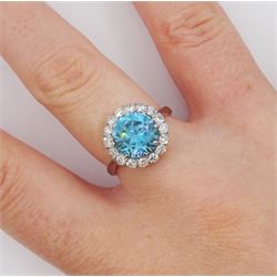Early-mid 20th century 18ct white gold blue zircon and old cut diamond cluster ring, stamped
