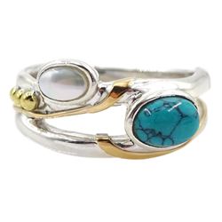 Silver and 14ct gold wire turquoise and pearl ring, stamped 925