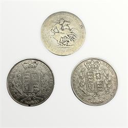 King George III crown coin date indistinct and two Queen Victoria crowns dated 1845 and 1847 (3)