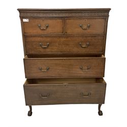 Early 20th century Georgian design mahogany chest, moulded edge over blind fretwork frieze, fitted with two short over three long graduating cock-beaded drawers, flanked by fluted canted uprights, on cabriole supports with ball and claw feet