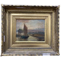 English School (19th century): Ox Pulling Barge in Dutch River Landscape, oil on canvas unsigned, framed in ornate gilt moulded frame 17cm x 22cm
