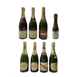 Champagne-Moet et Chandon Brut Imperial, two bottles, 75cl, 12% Vol., Perrier Jouet, three bottles, 75cl, 12% Vol., Piper-Heidsieck, one bottle 75cl, 12% Vol., Mumm Cordon Rouge, one bottle 75cl, 12% Vol and a small bottle of Louis Roederer 187ml, 12% Vol. (8)