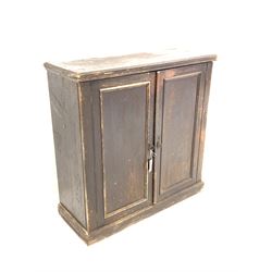 Mid 19th century stained pine cupboard, two panelled doors enclosing two shelves, raised on plinth base (W92cm, D36cm, H92cm)