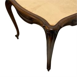 20th century French walnut card table, the shaped and moulded top with peach coloured velvet inset, each side fitted with frieze drawer, shaped and moulded rails on cabriole supports with scroll carved terminals