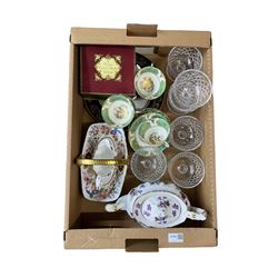 Hammersley tea pot and matching milk jug, Hammersley basket, six glass sundae dishes, Crown Derby condiment set (boxed) etc