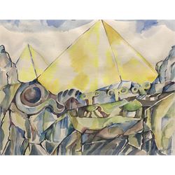 Astrid Geck (Brown) (American 1936-): 'Autumn Leaves' and Abstract Egyptian Pyramid Landscape, two watercolours signed and dated '82-83, max 34cm x 43cm (2)