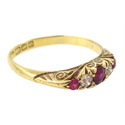 Edwardian 18ct gold five stone ruby and diamond ring, Birmingham 1904