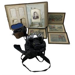 Minolta X-300 SLR camera, After John Leech, set of four Mr Jorrocks hunting prints, pair of binoculars, Victorian photograph album, tan leather travel bag and copper warming pan