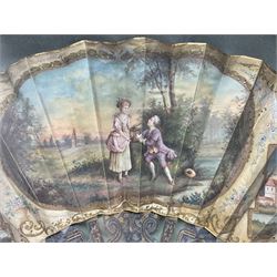 18th century French fan, the mother-of-pearl sticks carved, pierced, silvered and gilded, the silk leaf painted with panels of landscapes and a young couple with a birdcage, the leaf edged with scrolled borders, star and circular shaped gold coloured sequins and thread, framed and glazed, L61cm x H37cm. Provenance: From the Estate of the late Dowager Lady St Oswald