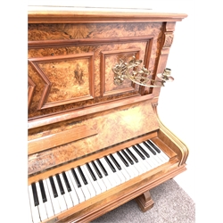 19th century figured walnut Baderbein upright piano,  with decorative floral brass sconces, iron framed and overstrung, W150cm