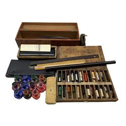 Allbrit planimeter, cased, box of wooden railway curves, Harling beam compass, various rulers,  and other items