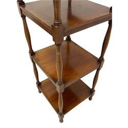 19th century walnut four-tier what-not or stand, drop-leaf top over three tiers, on turned supports