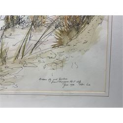 Robin Cook (Australian 20th Century): 'Brisbane City and Gardens from Kangaroo Point Cliffs', set of three watercolour and ink drawings one signed titled and dated 1994, one with artist letter attached verso 72cm x 31cm (3) 