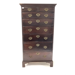 George III mahogany tall chest fitted with two short and six long graduated drawers under dentil cornice, raised on bracket supports, W85cm, H160cm, D49cm