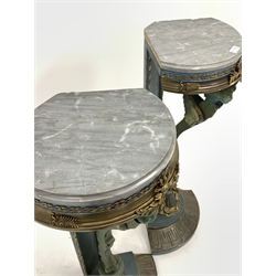  Pair of classical design marble top gueridons, decorated with winged dragons and gilt metal mounts, W41cm, H107cm, D34cm  