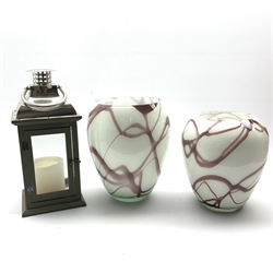  Pair of graduated contemporary glass vases and glazed lantern, H46cm (3)  