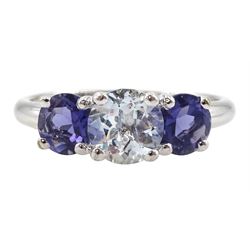 9ct white gold two colour blue stone trilogy ring, hallmarked 