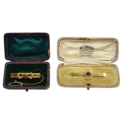Two Edwardian gold amethyst and split seed pearl brooches, both stamped 9ct, both in fitted cases
