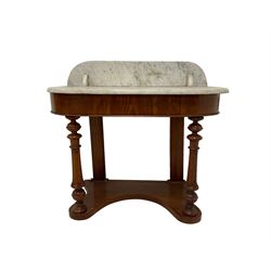 Late 19th century mahogany washstand, marble top with raised back, raised on turned and fluted supports joined by shaped base