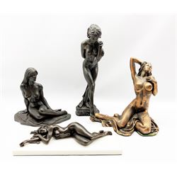 Bronzed resin figure of a female nude H44cm and three others in similar subject