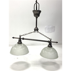 Set of three ceiling mounted snooker or pool table hanging lights, each with brushed aluminium fixtures supporting two frosted glass dome pendant shades 