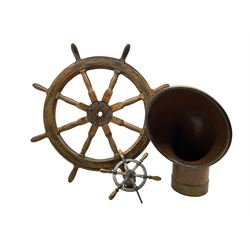 Copper and brass ships cowl vent H63cm, together with eight spoke ships wheel and another smaller wheel