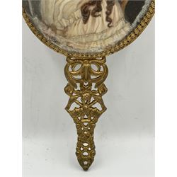 Early 20th century oval miniature head and shoulders portrait on ivory of a lady wearing a large hat 10cm x 8cm inset into the back of a hand mirror. This item has been registered for sale under Section 10 of the APHA Ivory Act