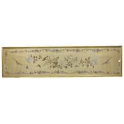 Chinese School (19th/20th century): Birds and Butterflies in Foliate Border, embroidery on silk 36cm x 153cm