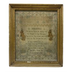 George III 'Industry' needlework sampler by Sarah Arberry, 'Fecit this Work December 16 1799 Aged 10 Years', worked with the alphabet, numbers and verse on Industry flanked by two sailing ships, within a trailing floral border, in giltwood frame, 37cm x 31cm 