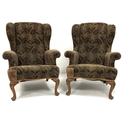 Pair of Queen Anne style wing back upholstered armchairs, raised on shell carved walnut cabriole front supports, W79cm