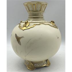 Late Victorian Royal Worcester Persian style vase, of globular form with floral moulded flared rim, the ivory ground heightened in gilt with Butterflies, flowers and foliage, on moulded foot, with puce printed marks beneath including shape number 1257, and date code for 1888, H21.5cm 