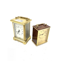 Brass carriage clock timepiece, white enamel dial with Roman chapter ring inscribed 'Bayard' eight day movement (W8cm) together with an 'Imhof' brass carriage clock timepiece with eight day movement (W7cm)