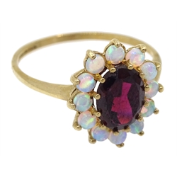 9ct gold garnet and opal cluster ring, hallmarked