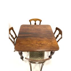Late Victorian mahogany extending dining table, with two additional leaves, raised on turned supports with brass cup and ceramic castors (106cm x 107cm, H74cm) together with a set of four Victorian mahogany dining chairs, with drop in upholstered seats, raised on turned front supports, stamped with Victorian registration mark (W45cm)