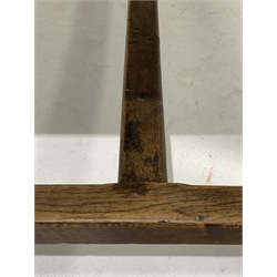 19th century French fruit wood kitchen table, plank top with bread boarded ends, straight supports connected by oak stretchers, drawer to each end, 189cm x 81cm, H79cm