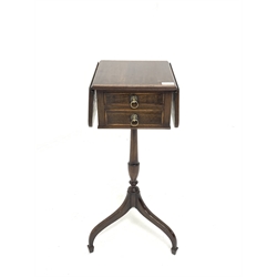 Small George III style mahogany tripod table, the top with inlaid satinwood band and reeded edge with two drop leaves over two drawers and two faux drawers, raised on turned column and three inverted splayed supports with peg feet 
