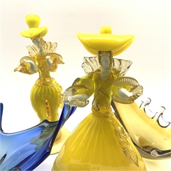  Three Murano glass dancers, H38cm two Murano glass bowls of elongated form and small dish (6)  