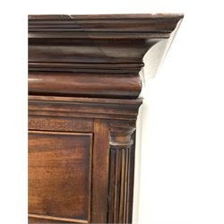 George III mahogany chest on chest, projecting cornice over cushion frieze, two short and three long graduated cock beaded drawers enclosed by quarter round fluted pilasters, three drawers under, raised on bracket supports W111cm, H169cm, D58cm