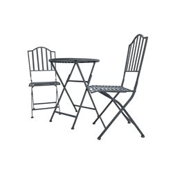 Gothic design folding garden table, circular strap top on X-frame base (W60cm H74cm); and pair matching folding chairs with arched back, in slate grey finish (W37cm H95cm)
