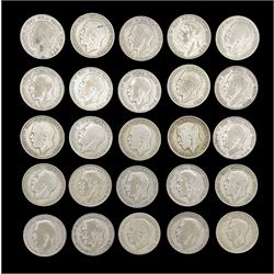 Twenty-five pre 1947 silver half crown coins, total weight approximately 340 grams