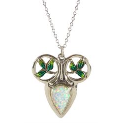 Silver enamel pendant, stamped 950MB (possibly by Murrle Bennett), with replacement synthetic opal, on silver chain
