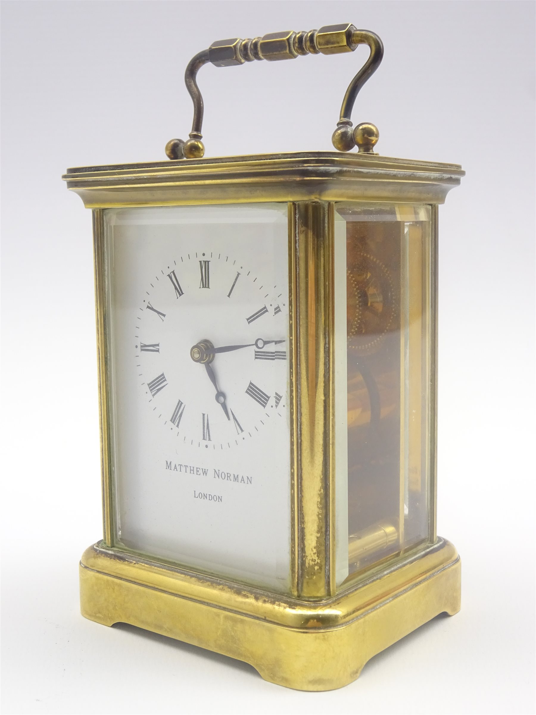 20th century Matthew Norman brass and bevel glazed carriage clock ...